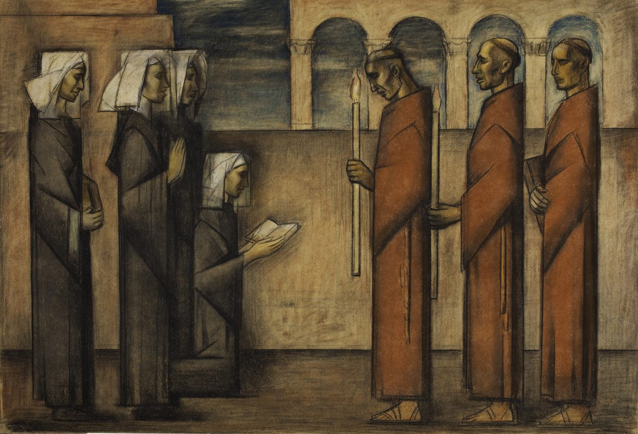 Bracia i mniszki, ok. 1934 (pastel na papierze) autorstwa Alfredo Ramos Martinez