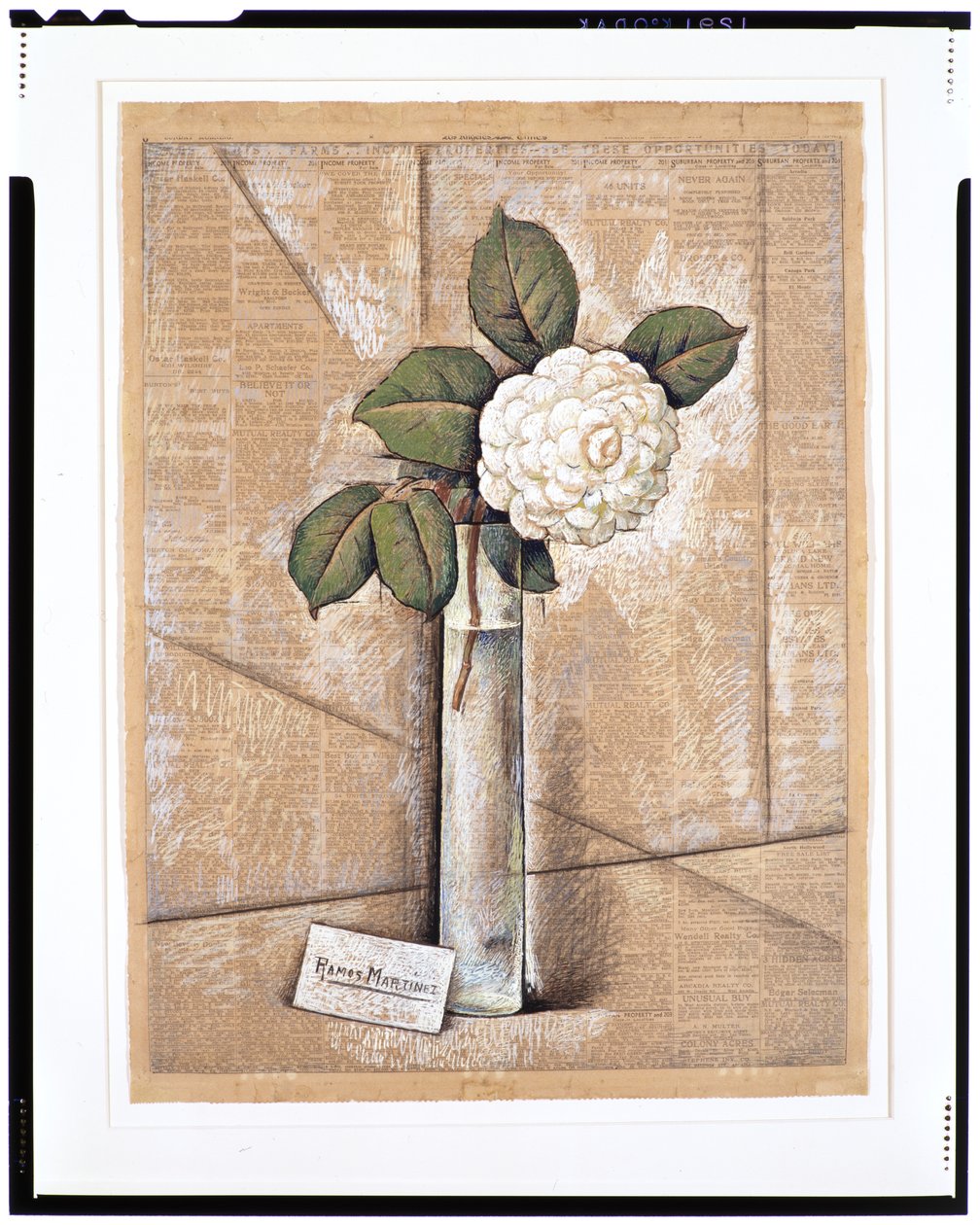 Gardenia w szkle, ok. 1936 (gwasz, akwarela i kreda na papierze gazetowym) autorstwa Alfredo Ramos Martinez