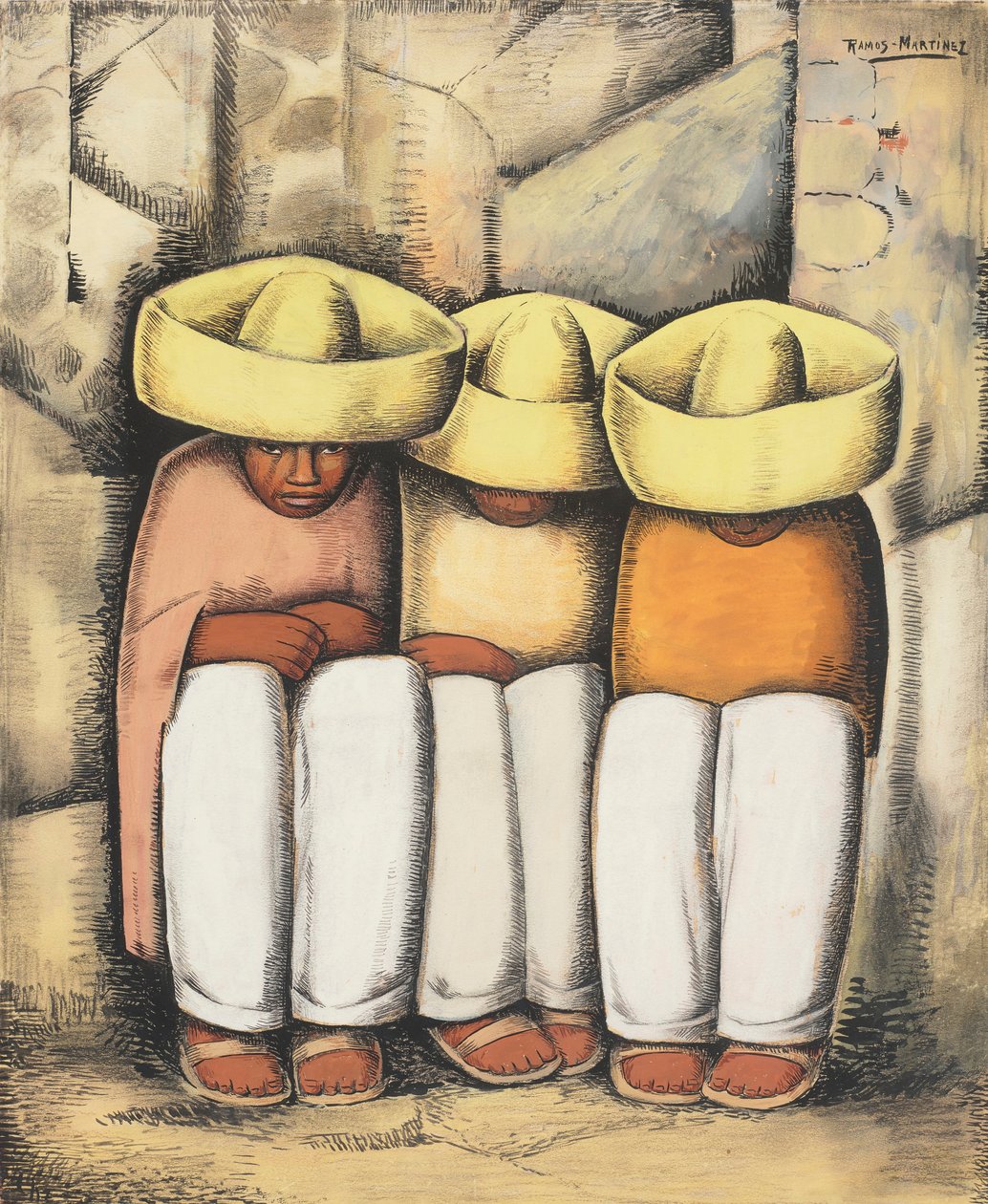 Odpoczywający Indianie, c.1935 (tempera i węgiel na karcie) autorstwa Alfredo Ramos Martinez