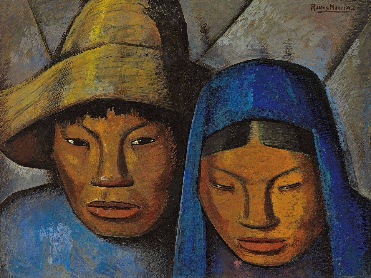 Para w kolorze niebieskim; La pareja en azul, ok. 1930 (olej na pokładzie) autorstwa Alfredo Ramos Martinez