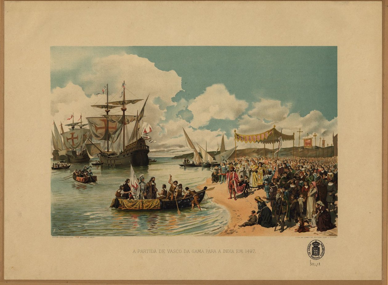 Przybycie Vasco da Gamy do Indii, c. 1900 autorstwa Alfredo Roque Gameiro