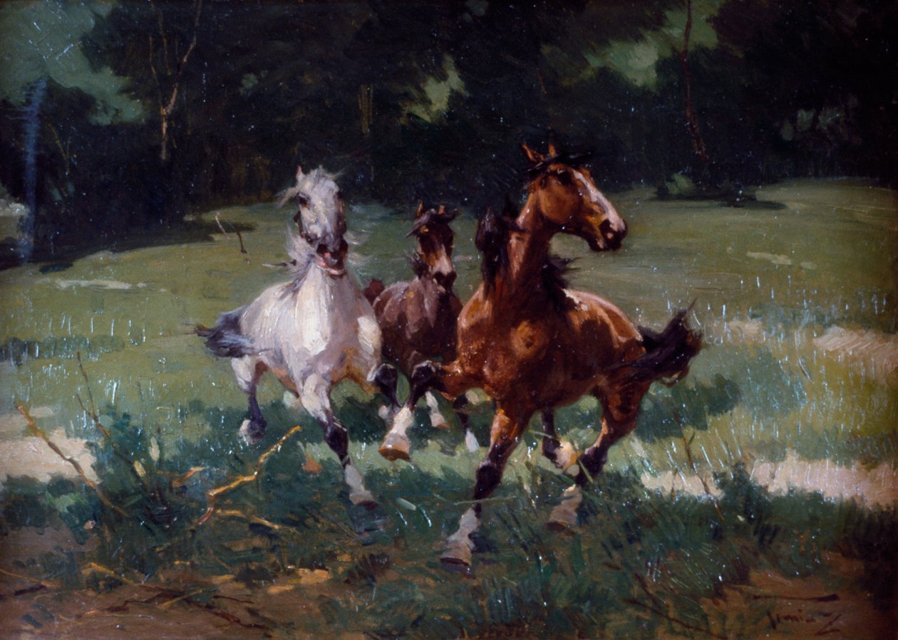 Biegnące konie, obraz Alfredo Tominza (1854-1936), olej na tekturze, 67x48 cm, Włochy autorstwa Alfredo Tominz
