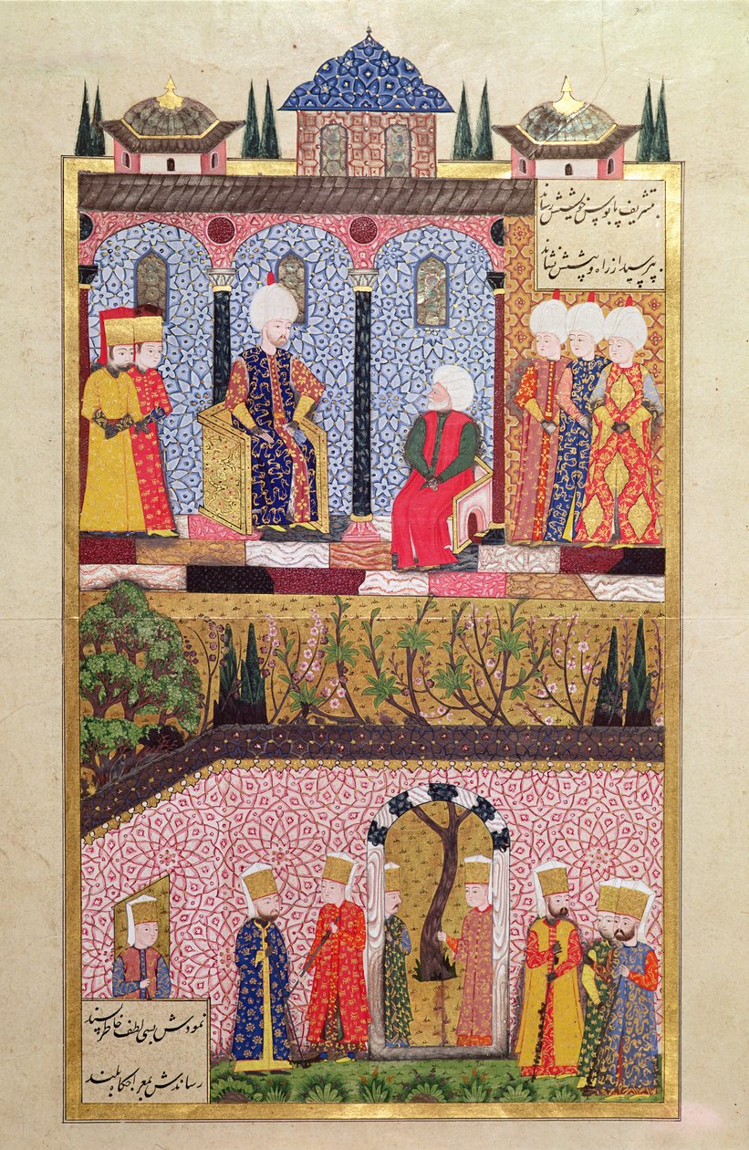 Wręczenie prezentów Sulejmanowi I (1495-1566) z okazji obrzezania jego synów Bayezida i Cihangira w 1530 r., od „Suleymanname” (Mss Hazine. 1517 f. 412a), 1558 (atrament i złoto le autorstwa Ali Amir Beg
