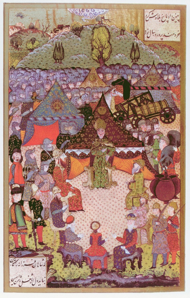 Król Węgier Lajos II (1506-26) na naradzie przed bitwą pod Mohacs w 1526 r., 1558 (tusz i złocony druk na pergaminie) autorstwa Ali Amir Beg