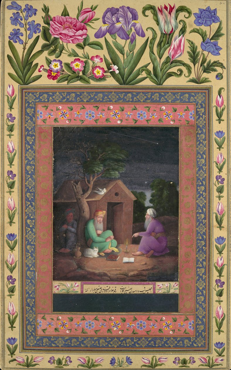 Dwóch starców w dyskusji na zewnątrz chaty, folio z albumu Davisa, AH1085AD1674-75. autorstwa Ali Quli Jabbadar