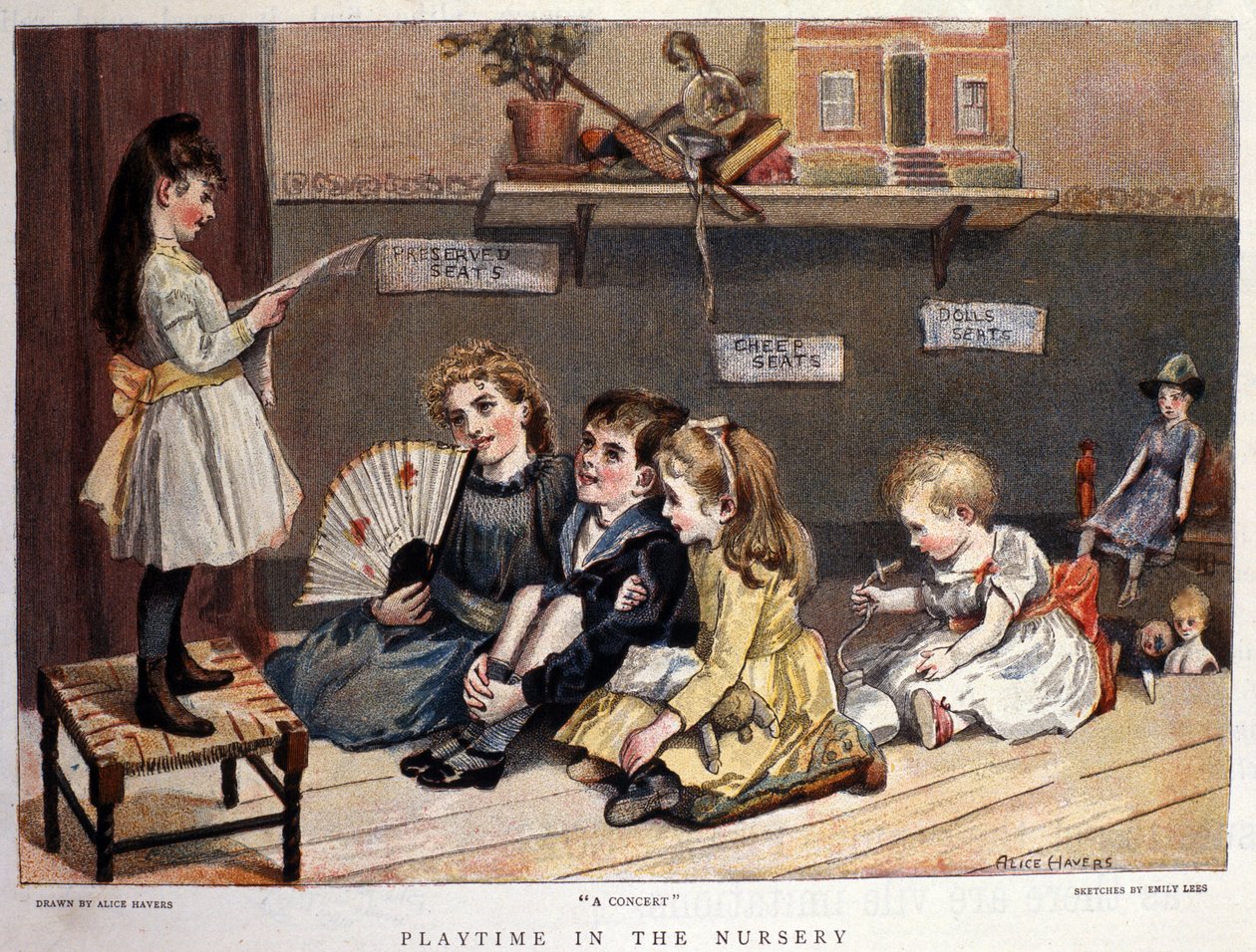 Zabawy dla dzieci: „”koncert””” Mała dziewczynka śpiewa przed publicznością złożoną z dzieci i zabawek. Rysunek autorstwa Alice Havers. 1877 autorstwa Alice Havers