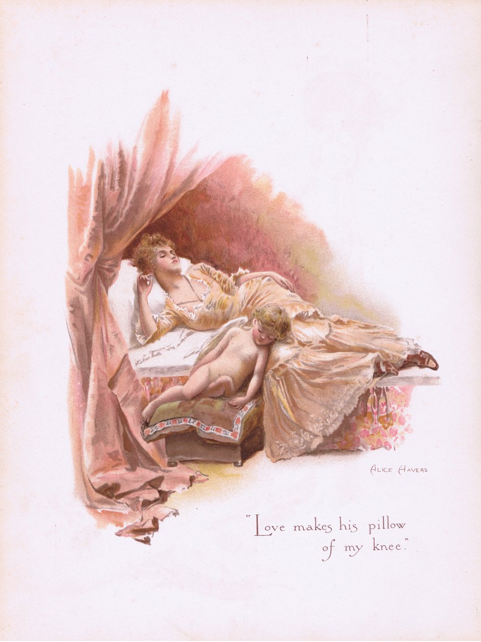 Miłość robi swoją poduszkę z mojego kolana, z Some Old Love Songs opublikowanych przez Hildesheimer & Faulkner, 1892 autorstwa Alice Havers