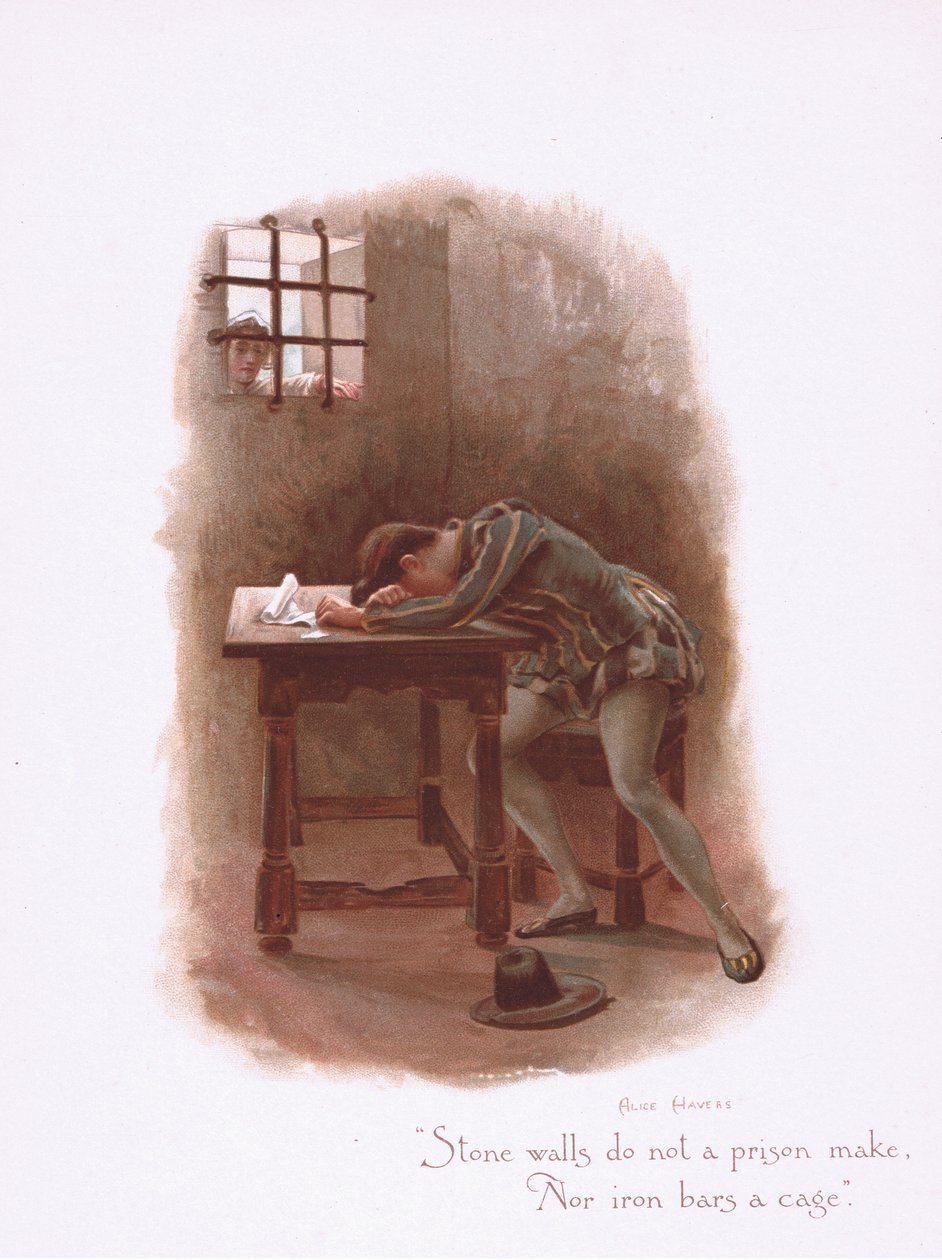 Kamienne mury nie czynią więzienia, z Some Old Love Songs wydanych przez Hildesheimer & Faulkner, 1892 autorstwa Alice Havers