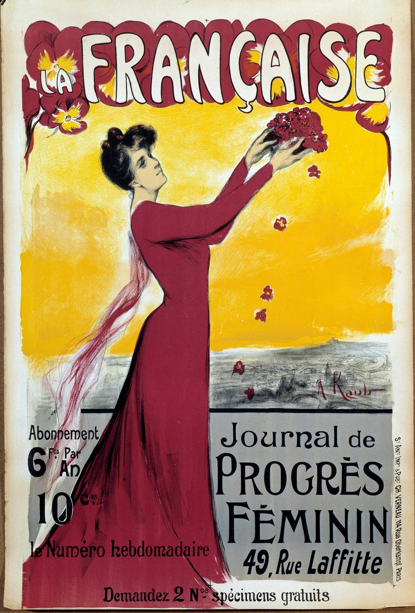 Plakat „La francaise”, dziennika kobiecego postępu. Zadzwoń po abonament. Ilustracja Alice Kub-Casalonga (1875-1948) 1927 Paryż, Muzeum II Wojen Światowych. Prawa zastrzeżone. autorstwa Alice Kaub Casalonga