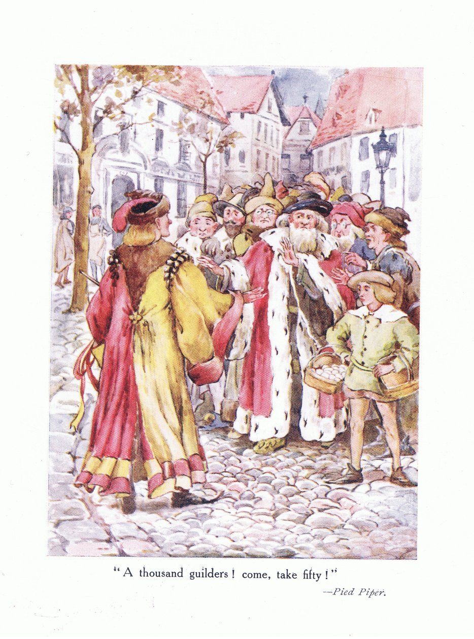Tysiąc guldenów! Przyjdź, weź pięćdziesiąt!, ilustracja z Wiersze dla młodych: Robert Browning, ok. 1920 autorstwa Alice Ross