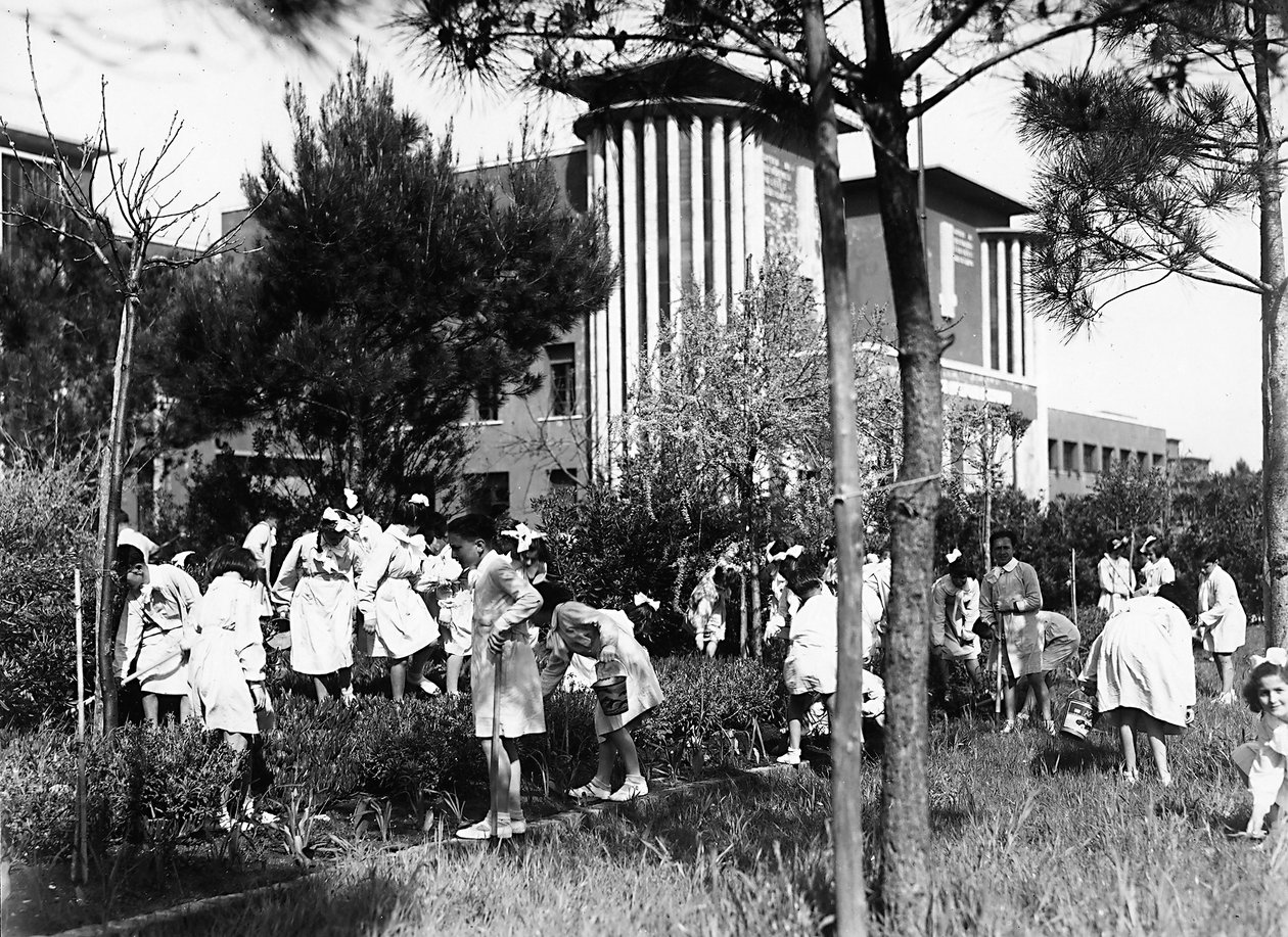 Villa Rosa Maltoni Mussolini: studenci spoza instytutu, pracujący w ogrodzie warzywnym (zdjęcie czarno-białe) autorstwa Fratelli Alinari
