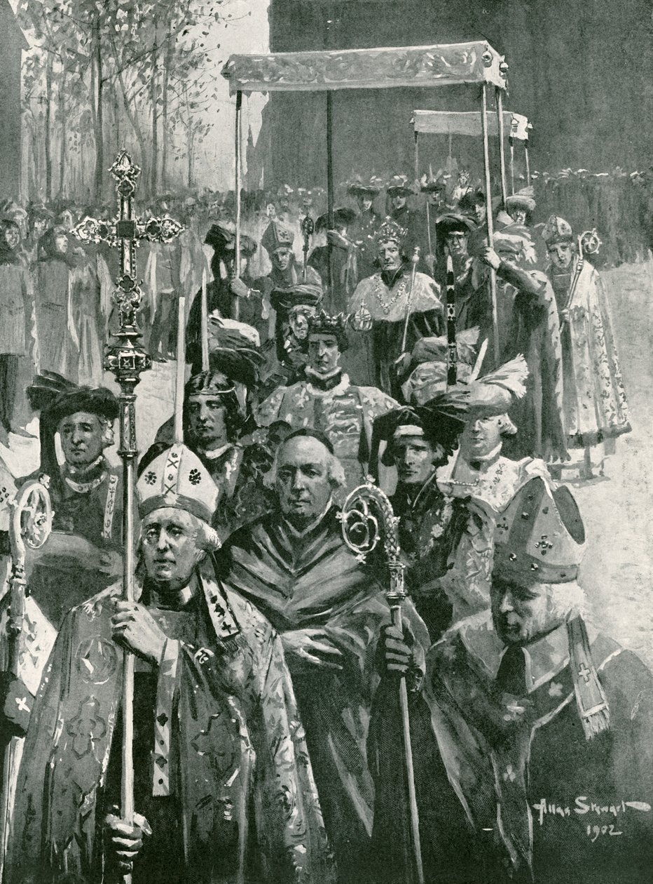 Procesja z opactwa do sali podczas koronacji Ryszarda III i Anny z Warwick (litografia) autorstwa Allan (after) Stewart