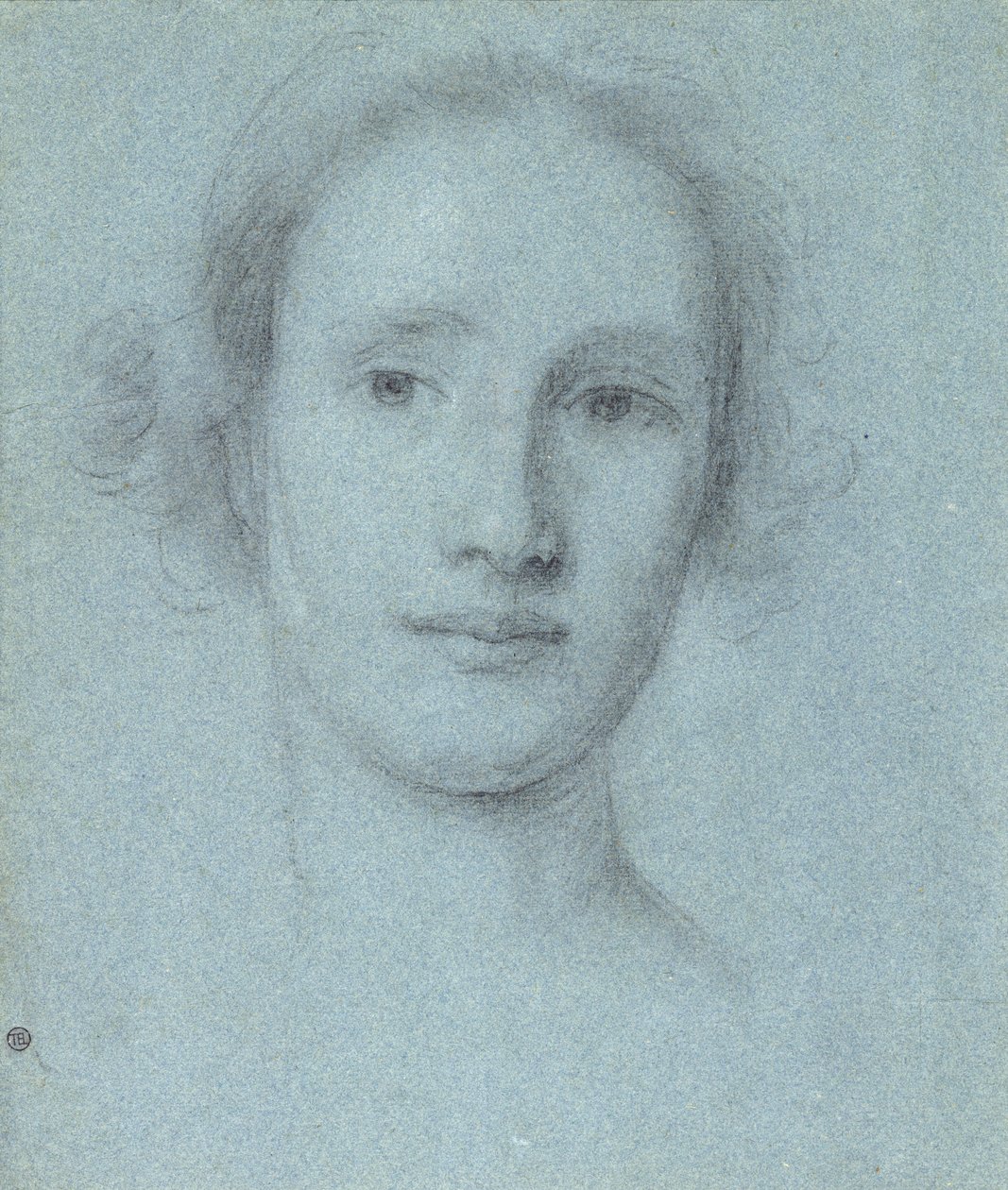 Głowa dziewczyny (czarna i biała kreda na niebieskim papierze wykładanym) autorstwa Allan Ramsay