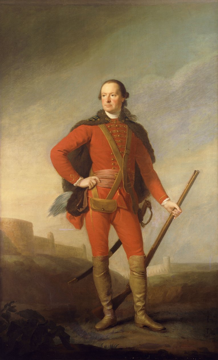 Portret Karola, 5. hrabiego Elgin i 9. hrabiego Kincardine, stojących na całej długości w szkarłatnym kostiumie i pelerynie obszytej futrem, trzymającego muszkiet w romantycznym krajobrazie z zamkiem dalej, autorstwa Allan Ramsay