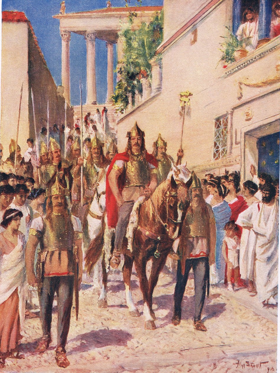 Alaric Goth wkraczający do Aten w 395 r., ilustracja z „Historia narodów Hutchinsona” autorstwa Allan Stewart