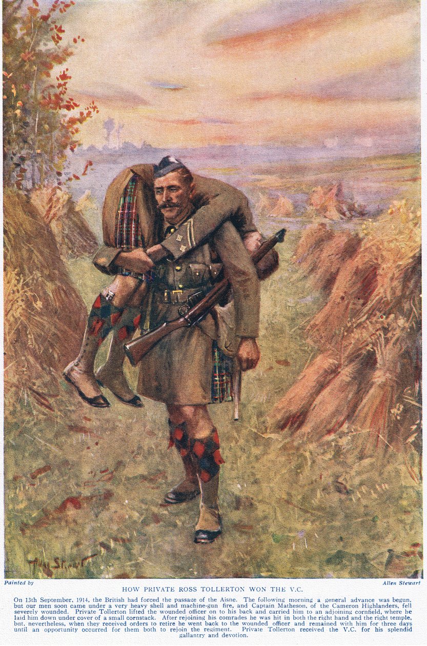 Jak szeregowiec Ross Tollerton wygrał VC, ilustracja z „Deeds That Thrill The Empire”, wydanej przez Hutchinson & Co., ok. 1920 r. (kolor lito) autorstwa Allan Stewart