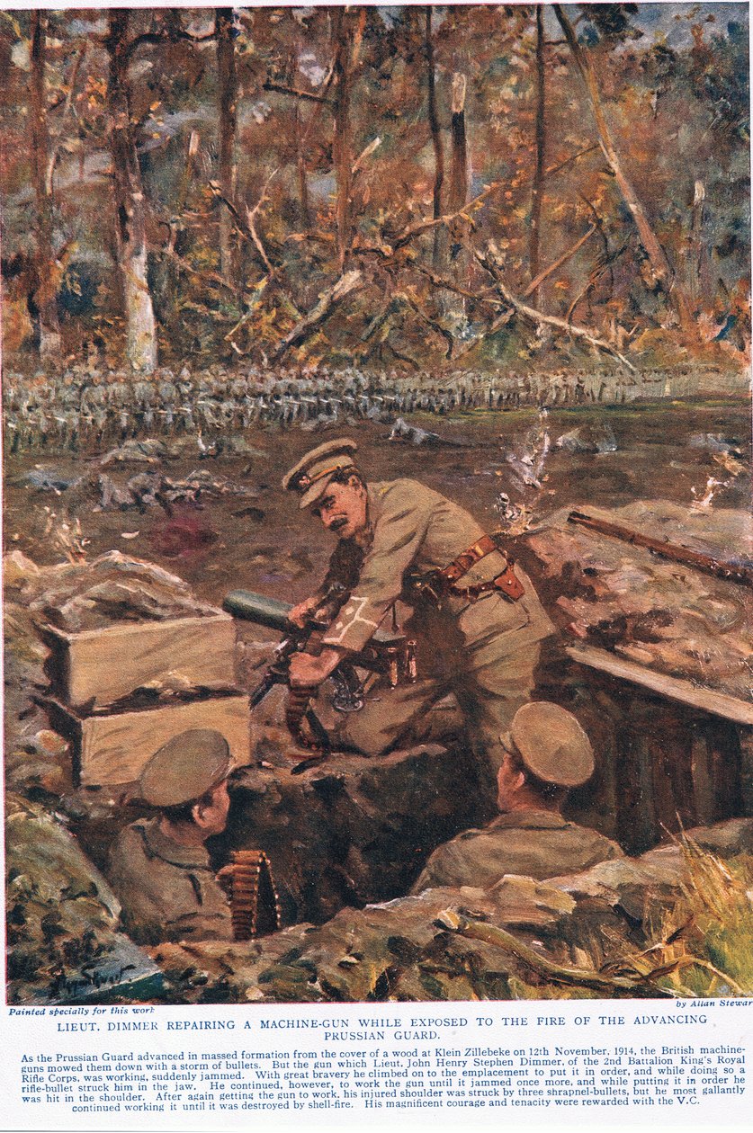 Porucznik Dimmer naprawiający karabin maszynowy, gdy był wystawiony na ogień nacierającej Gwardii Pruskiej, ilustracja z „Czyny, które drżą Imperium”, wydanej przez Hutchinson & Co., ok.1920 (kolor lito) autorstwa Allan Stewart