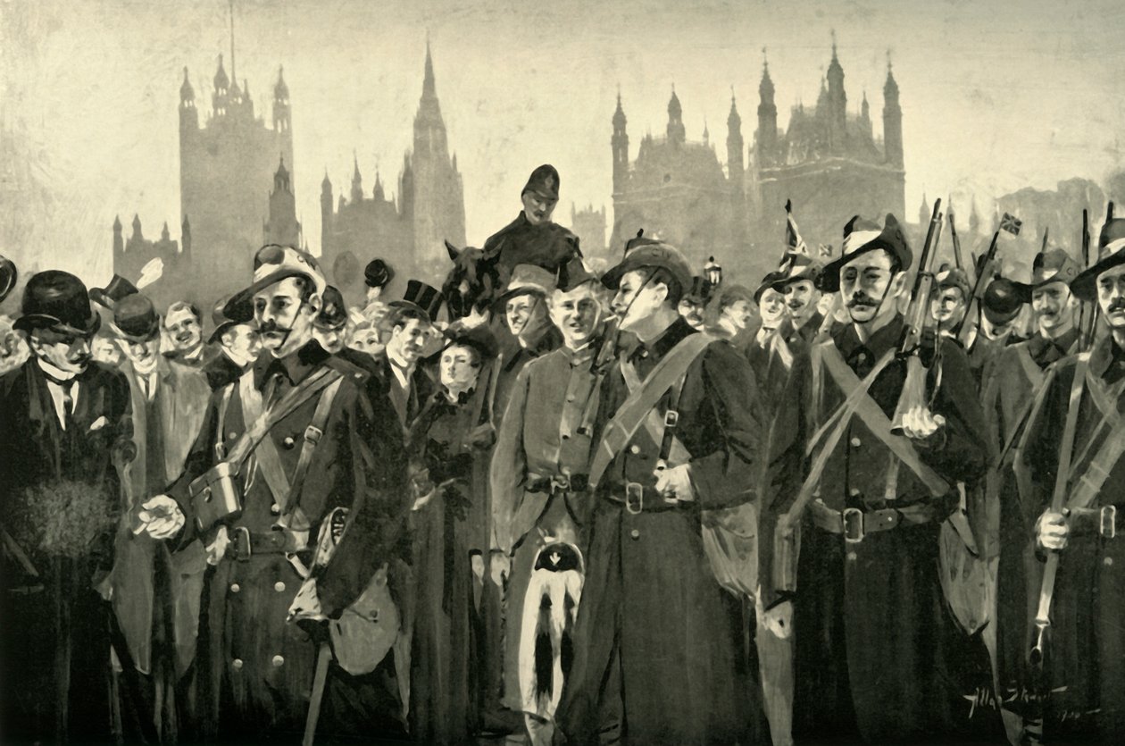 „Odpowiedź Londynu – Miejska Imperialna Wolontariusze Przekraczający Most Westminsterski”, 1900. autorstwa Allan Stewart