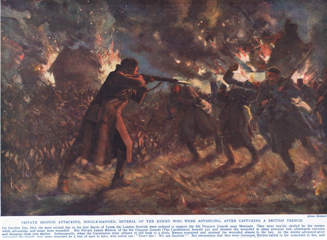 Szeregowy Meston atakuje, w pojedynkę, kilku wrogów, którzy nacierali, po zdobyciu brytyjskiego rowu, ilustracja z „Czyny, które drżą Imperium”, opublikowanej przez Hutchinson & Co., ok. 1920 (kolor lito) autorstwa Allan Stewart