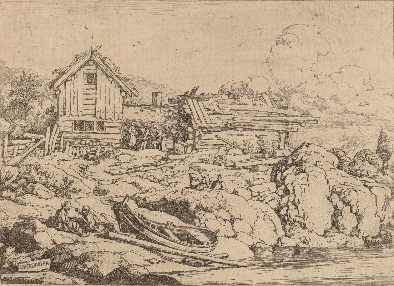 Łódź na brzegu rzeki z trzema kozami, prawdopodobnie ok. 16451656. autorstwa Allart van Everdingen