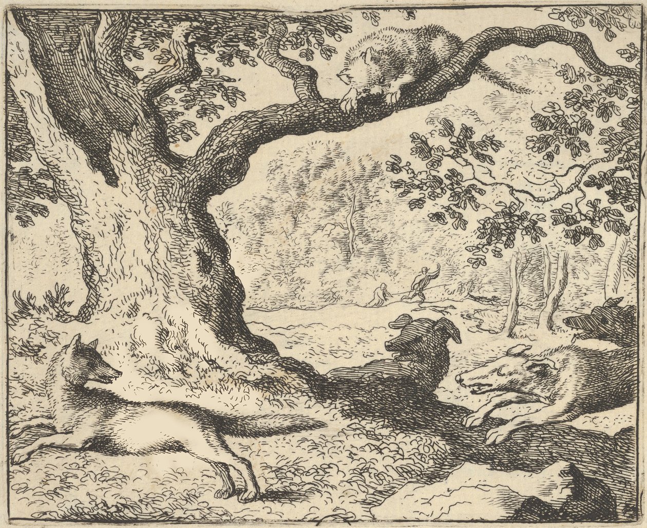 Po fałszywej historii Renarda jego ojciec jest ścigany przez psy myśliwskie z Hendrick van ..., 1650-75. autorstwa Allart van Everdingen
