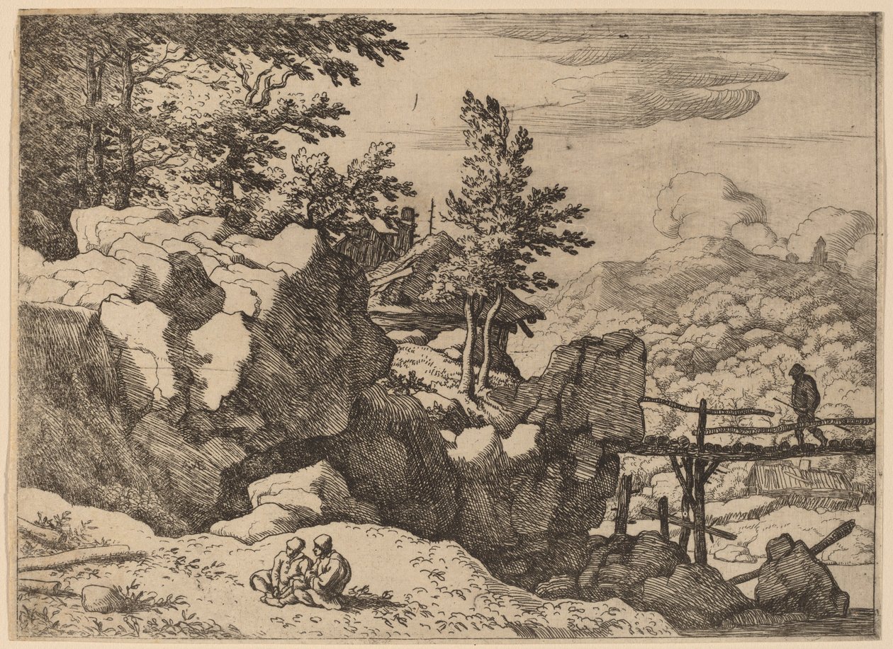 Mężczyzna na małym drewnianym moście, prawdopodobnie ok. 16451656. autorstwa Allart van Everdingen