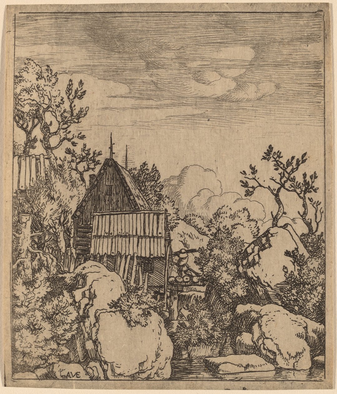 Mężczyzna na małym drewnianym moście, prawdopodobnie ok. 16451656. autorstwa Allart van Everdingen