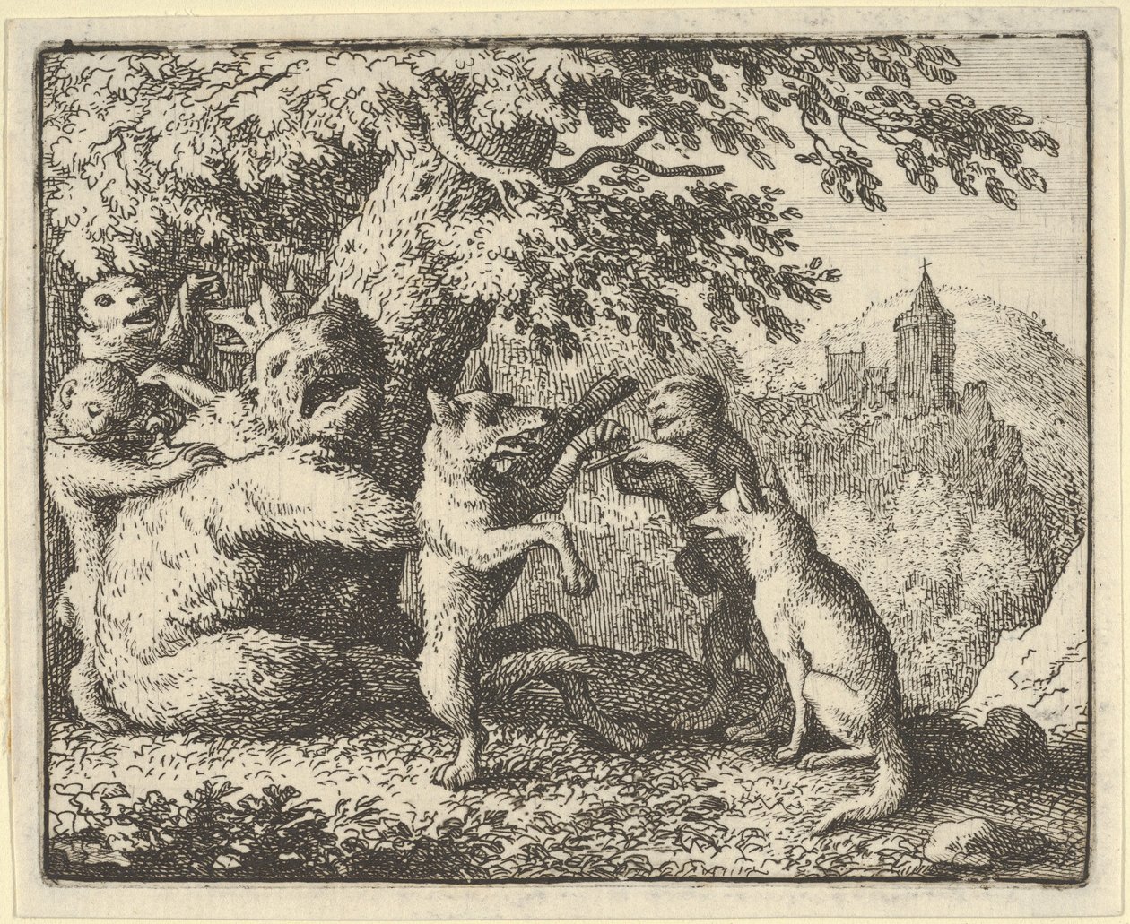 W Zakonie Lwa, kawałek skóry zostaje zabrany niedźwiedziowi, kawałek przednich łap..., 1650-75. autorstwa Allart van Everdingen