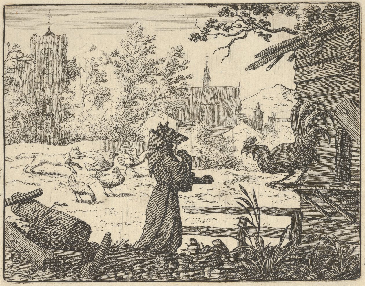 Renard, przebrany za mnicha, zyskuje zaufanie koguta, 1650-75. autorstwa Allart van Everdingen