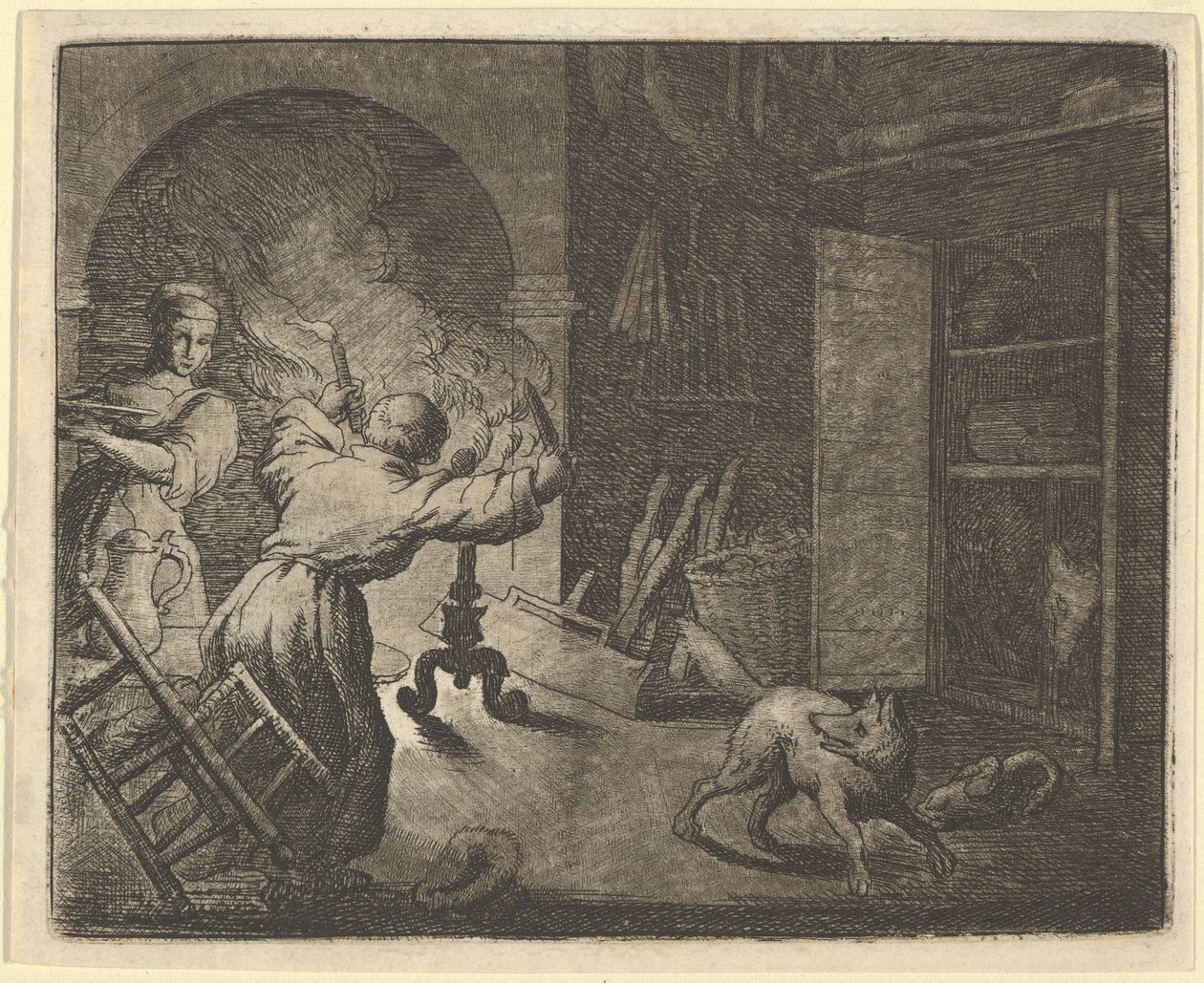 Renard ucieka z kurczakiem, którego ukradł ze stołu duchownego, 1650-75. autorstwa Allart van Everdingen