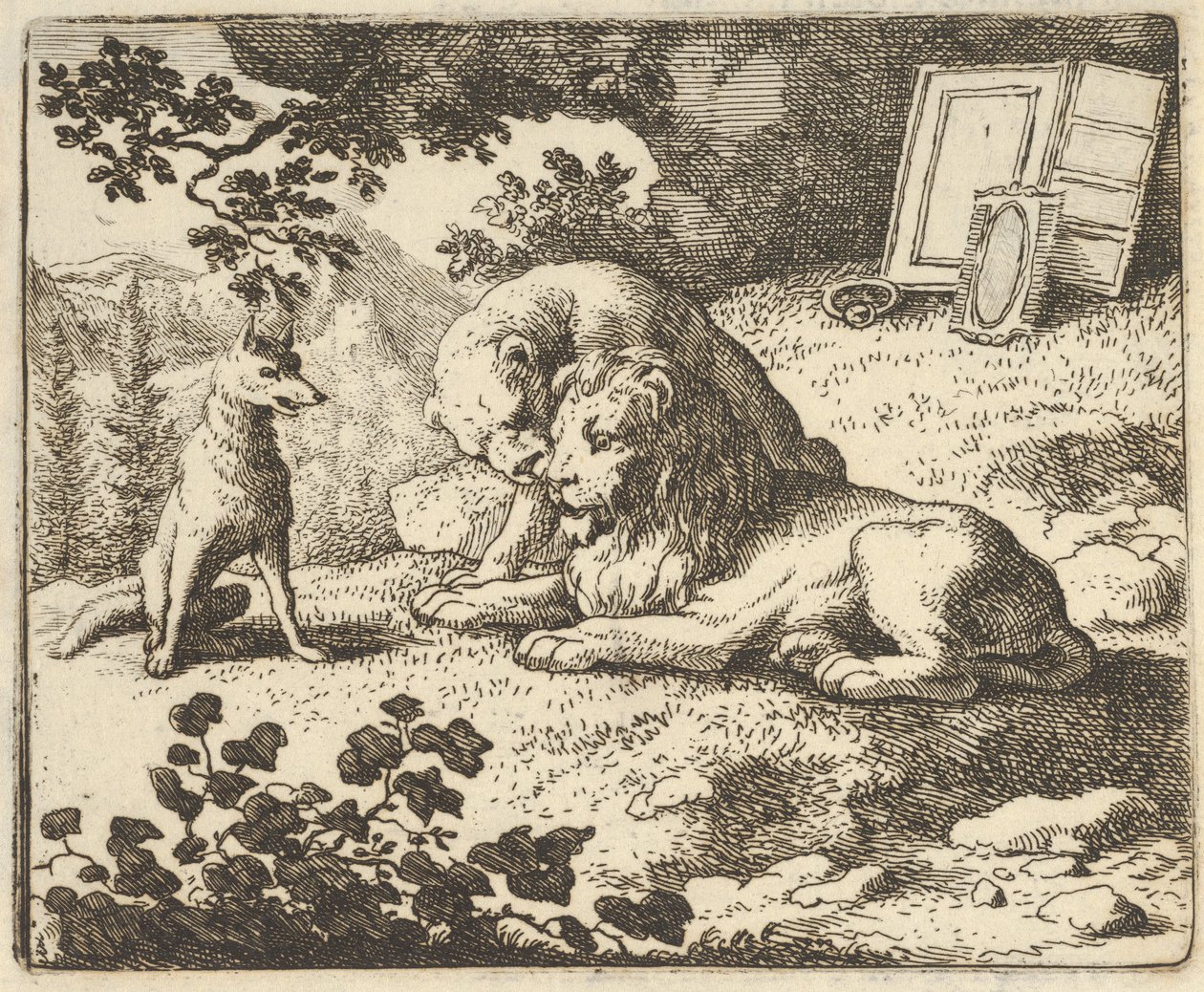 Renard kłamie, że dał baranowi różne cenne przedmioty, które były przeznaczone dla lwa…, 1650-75. autorstwa Allart van Everdingen