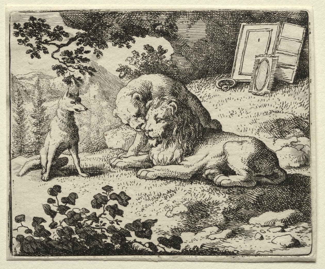 Reynard the Fox: Reynard obiecuje prezenty lwu. autorstwa Allart van Everdingen