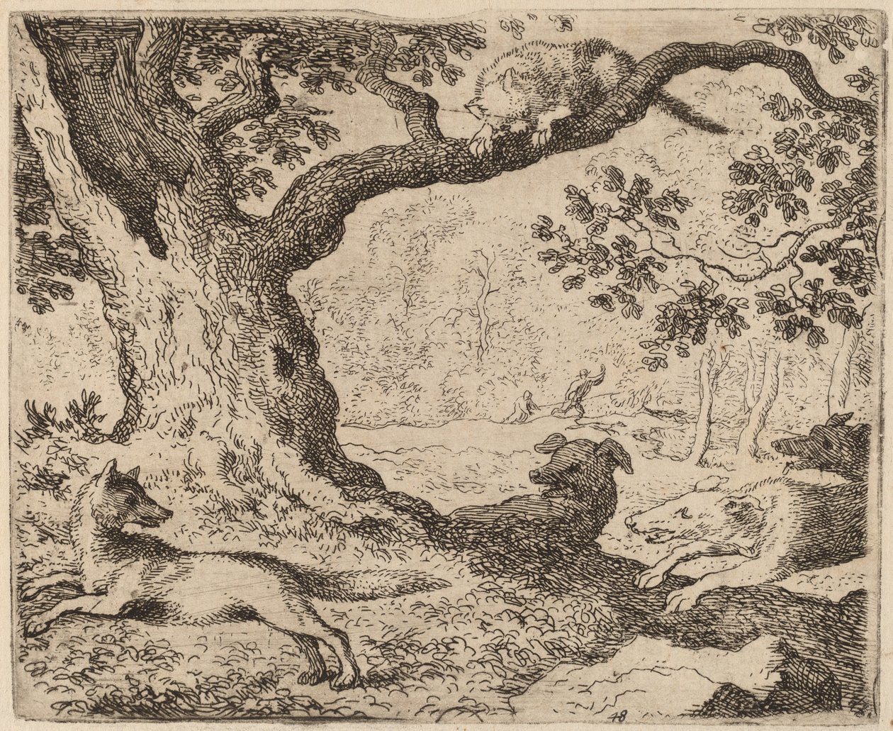 Ojciec Reynarda i kot ścigany przez psy prawdopodobnie ok. 16451656. autorstwa Allart van Everdingen