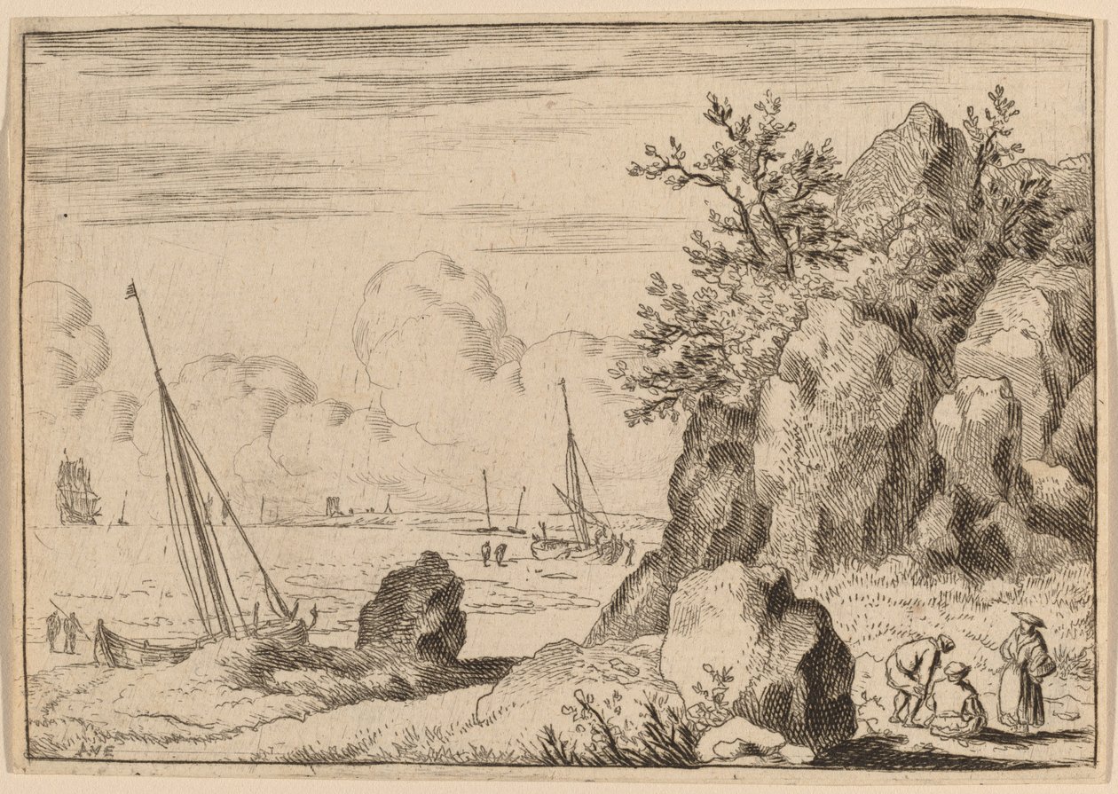 Pejzaż morski z trzema postaciami po prawej, prawdopodobnie ok. godz. 16451656. autorstwa Allart van Everdingen