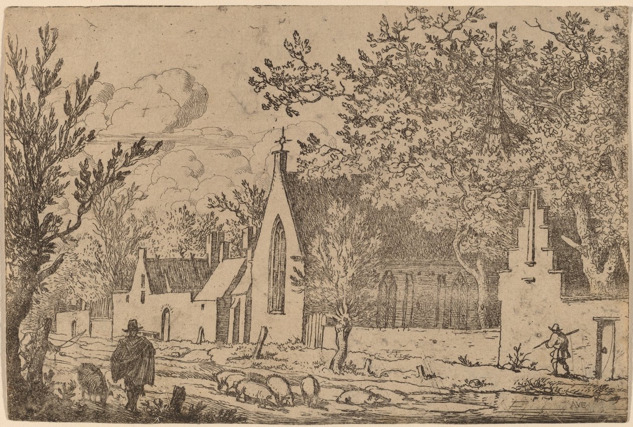 Stado świń przy kaplicy, prawdopodobnie ok. 16451656. autorstwa Allart van Everdingen
