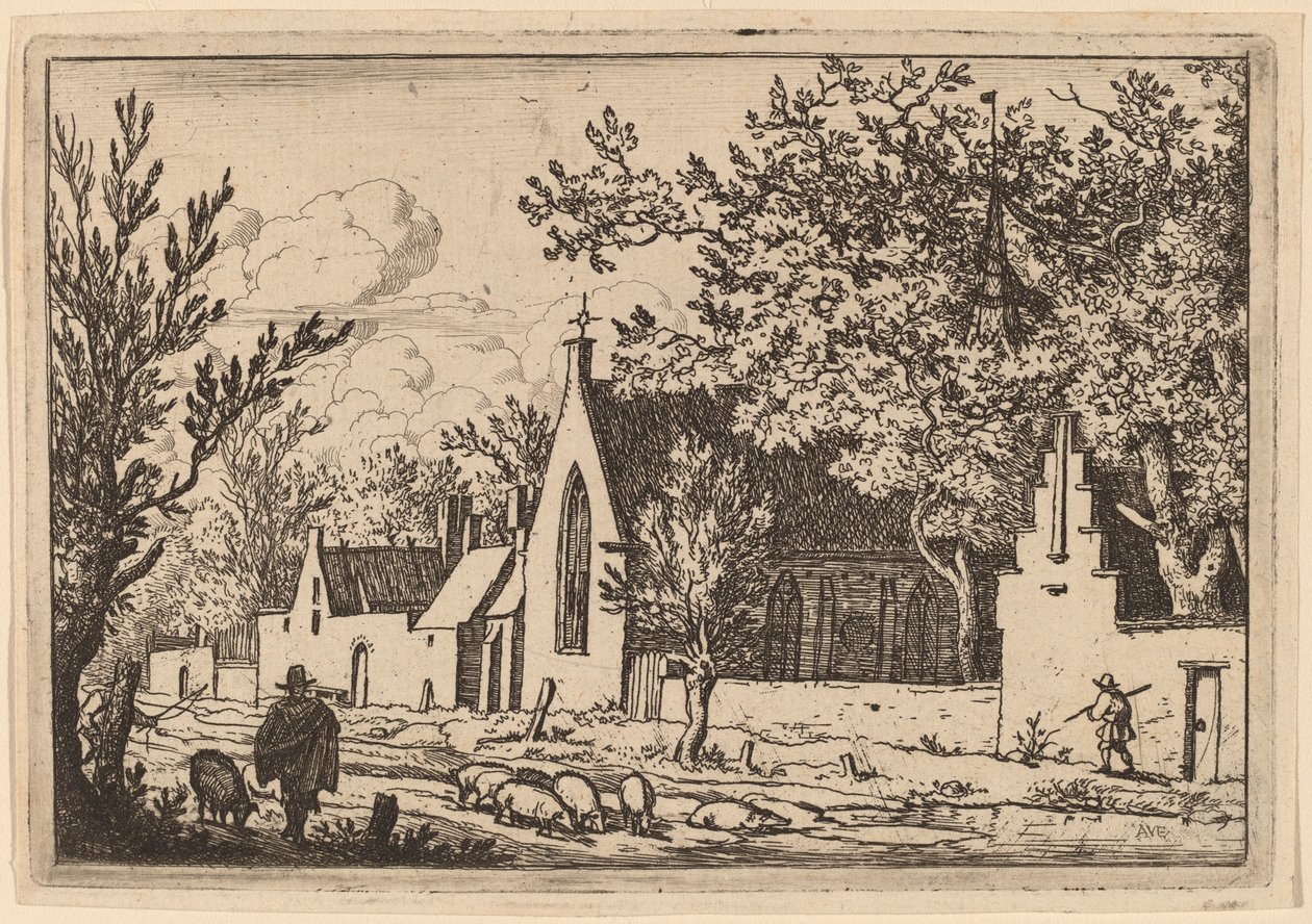 Stado trzody chlewnej w pobliżu kaplicy, prawdopodobnie ok. 16451656. autorstwa Allart van Everdingen