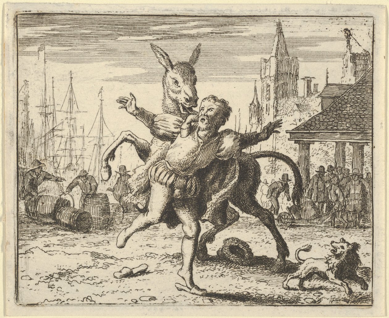 Osioł, zazdrosny o uwagę, jaką pies przywiązuje do swego pana, chce naśladować…, 1650-75. autorstwa Allart van Everdingen