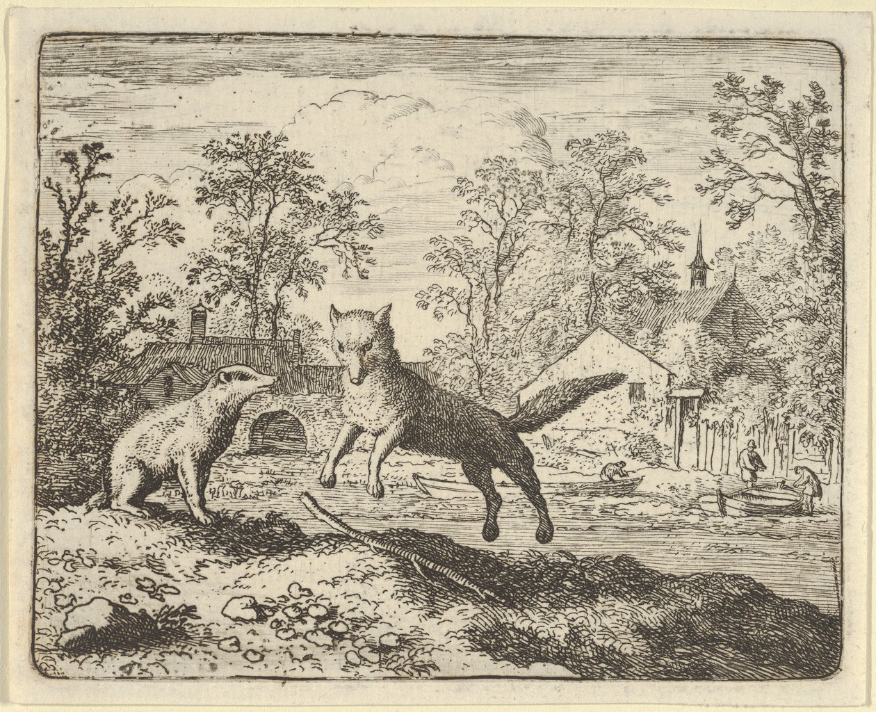 Borsuk nakłada karę za trzykrotny skok przez kij na ziemi, 1650-75. autorstwa Allart van Everdingen
