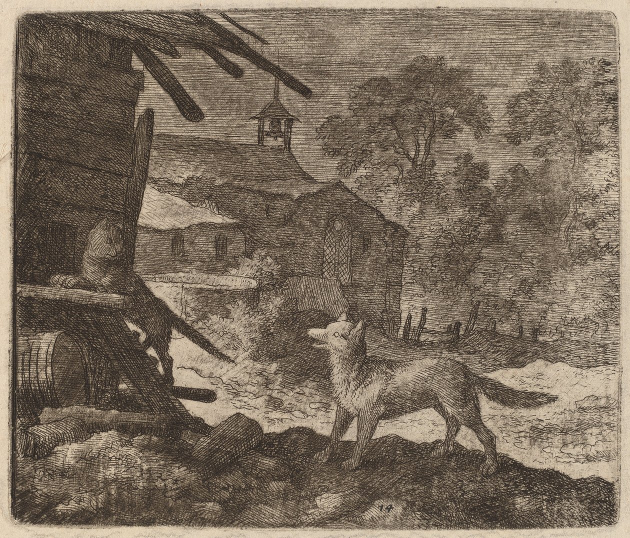 Kot wchodzi do stodoły, gdy Reynard się przygląda, prawdopodobnie ok. 16451656. autorstwa Allart van Everdingen