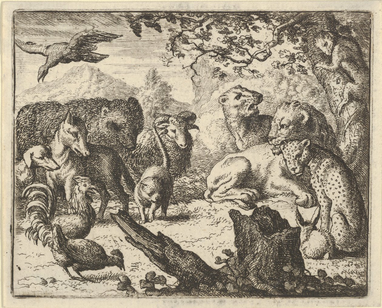 Lew ogłasza trwały pokój otaczającym go zwierzętom, 1650-75. autorstwa Allart van Everdingen