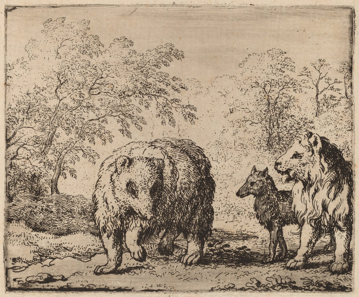 Lew uwalnia niedźwiedzia i wilka, prawdopodobnie ok. 16451656. autorstwa Allart van Everdingen