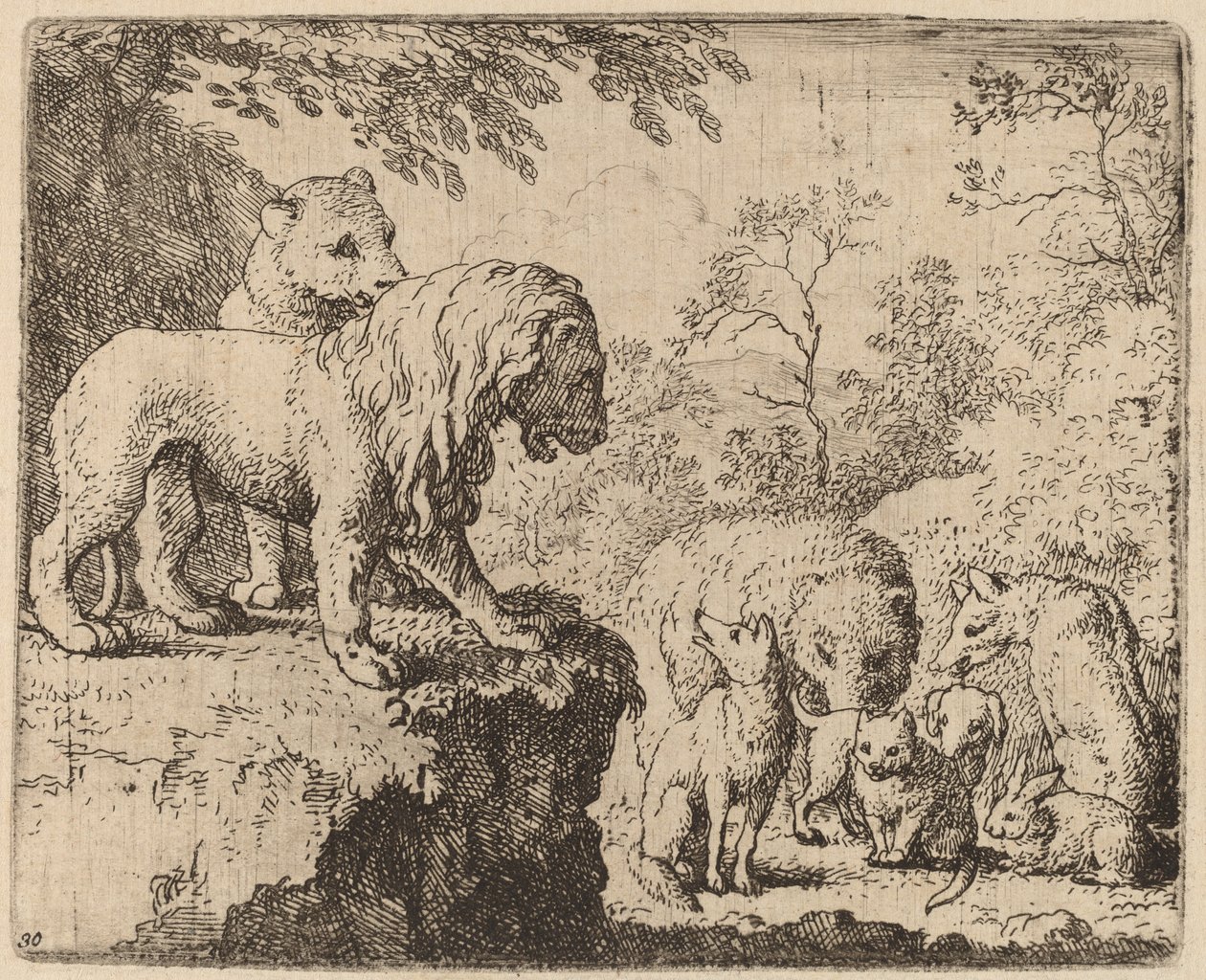 Lew ułaskawia Reynarda przed innymi zwierzętami, prawdopodobnie ok. 16451656. autorstwa Allart van Everdingen