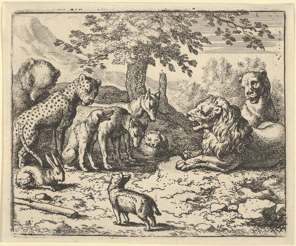 Lew korzysta z rad innych zwierząt na karę Renarda, 1650-75. autorstwa Allart van Everdingen