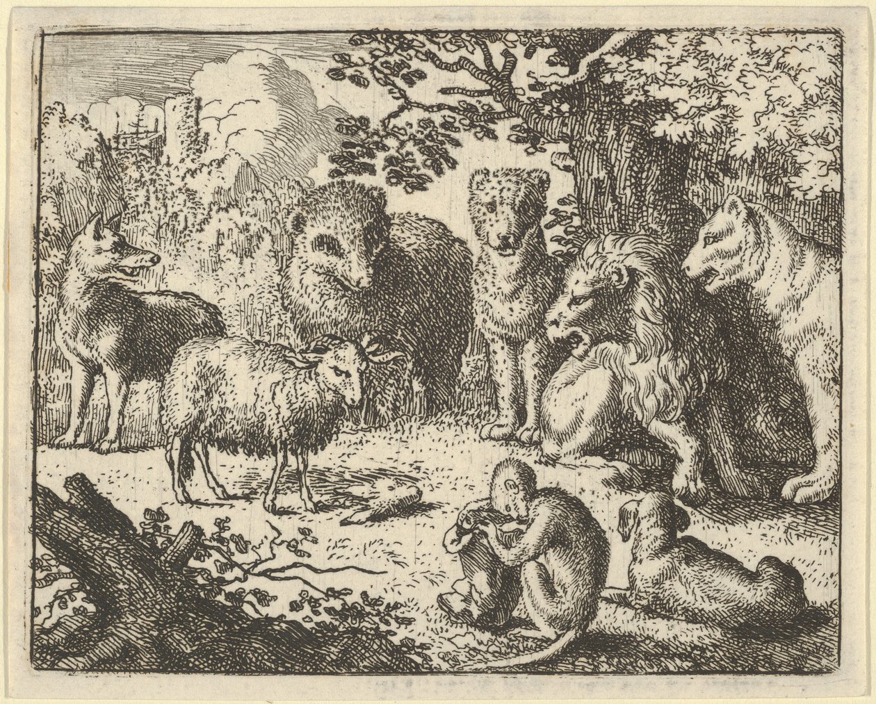 Małpa otwiera paczkę i zabiera głowę królika ku wielkiej niespodziance..., 1650-75. autorstwa Allart van Everdingen