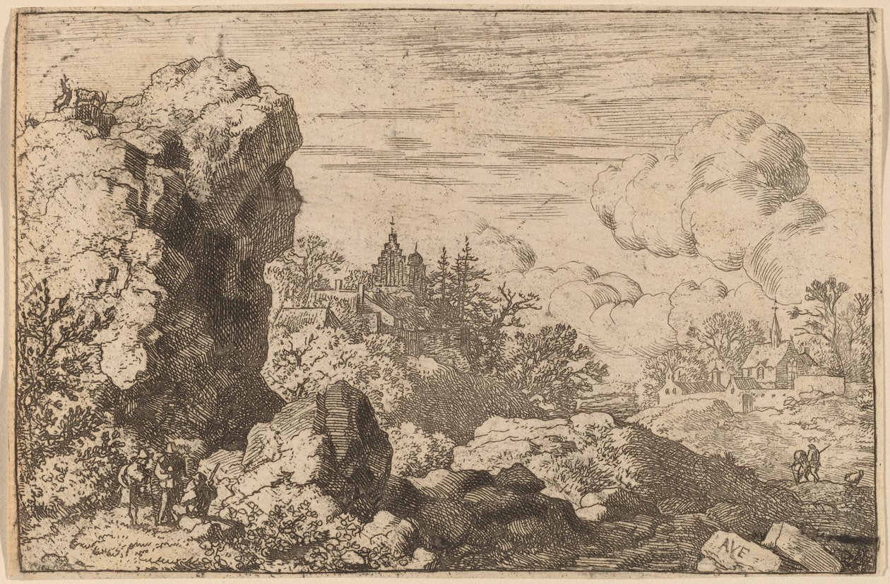 Trzej Podróżnicy u stóp Wysokiej Skały, prawdopodobnie ok. 16451656. autorstwa Allart van Everdingen