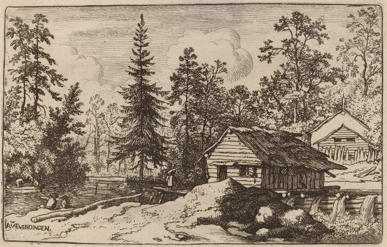 Kobieta w pejzażu rzeki Patrząc w stronę łodzi, prawdopodobnie ok. 16451656. autorstwa Allart van Everdingen
