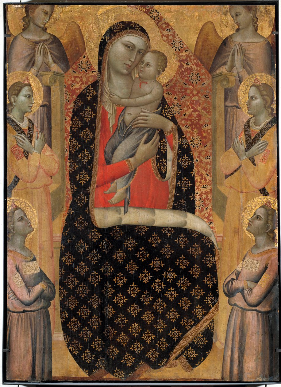 Majestatyczna Dziewica otoczona sześcioma aniołami Ołtarz autorstwa Allegretto Nuzi (1350-1375). Ciemny. 138x99 cm. Awinion, muzeum małego pałacu autorstwa Allegretto Nuzi