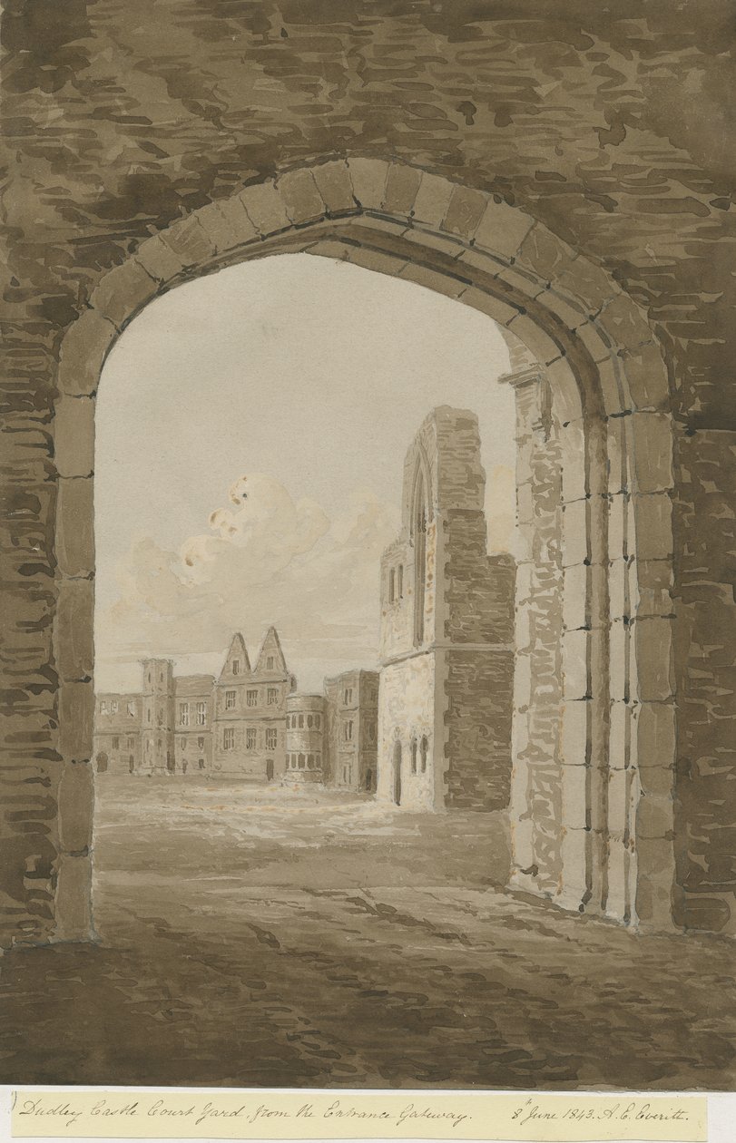 Zamek Dudley - Twierdza: rysunek w czerwonej sepii, 8 czerwca 1843 r. autorstwa Allen Edward Everitt