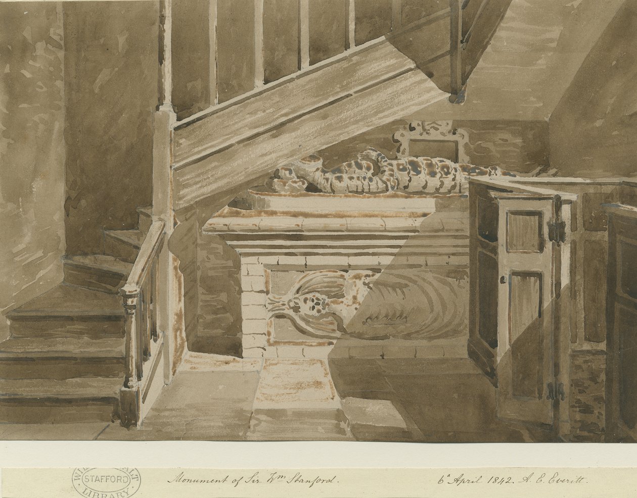 Handsworth - Pomnik Sir Williama Stanforda: rysunek w sepii, 6 kwietnia 1842 r. autorstwa Allen Edward Everitt