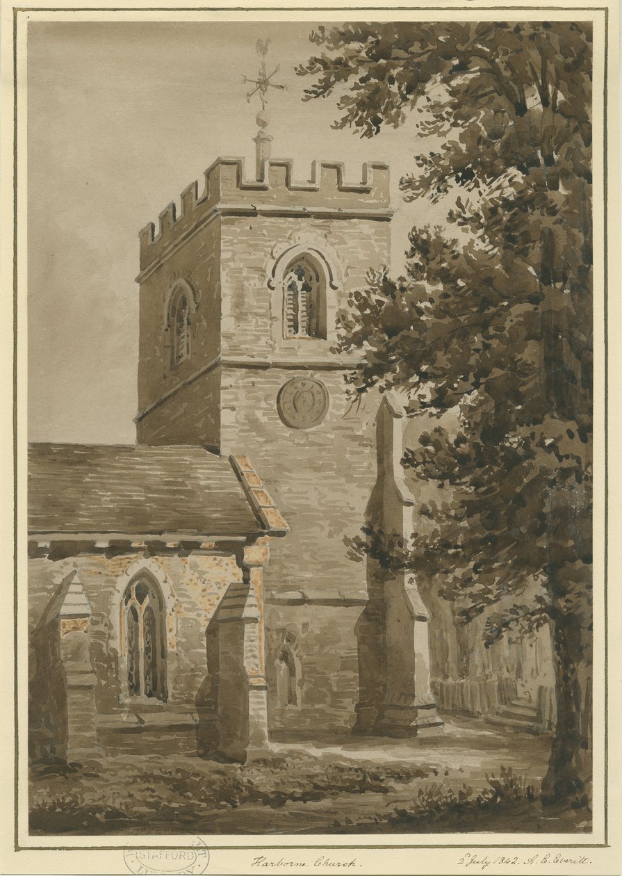 Kościół Harbourne: rysunek w czerwonej sepii, 2 lipca 1842 r autorstwa Allen Edward Everitt